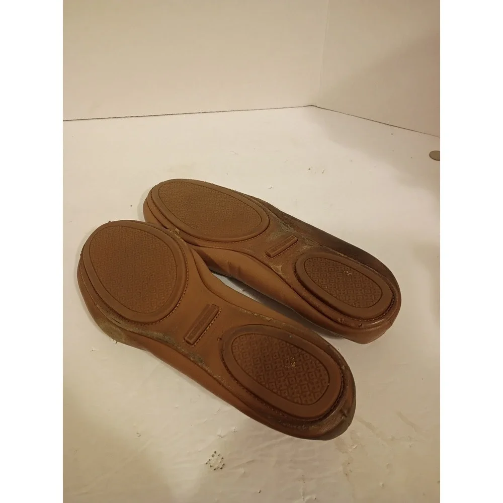 Tory Burch Reva Ballet Flats Tan Leather Gold Logo Medallion Scrunch Back Shoes